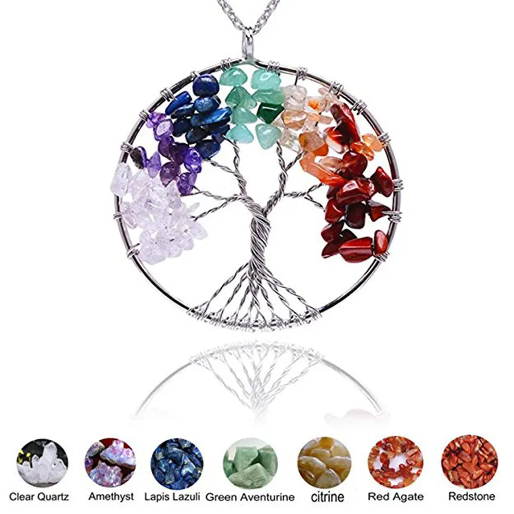

Women Wire Wrap Natural Stone Wisdom Tree Necklace Hollow Rock Crystal Tree Pendant ChainFor Gift