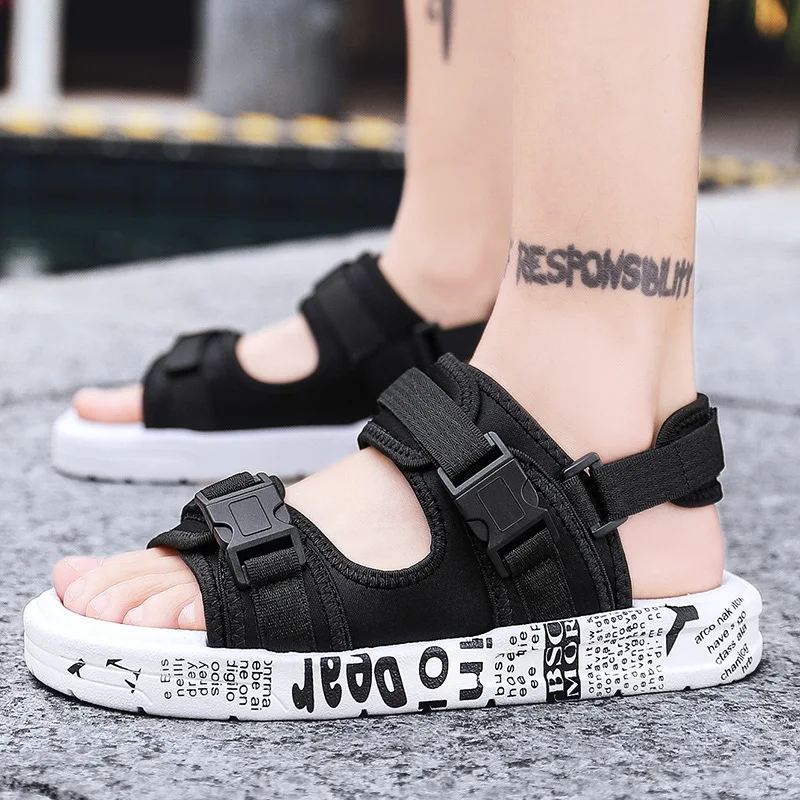 

2019 JNNGRIOR Summer Canvas Leather Men Sandals Solid Hook & Loop Handmade Sandals Brand Shoes Zapatos Hombre Plus Size 44