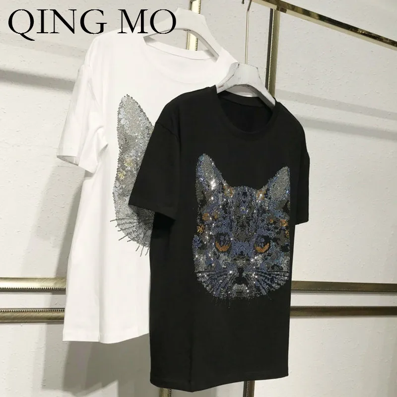 Женская свободная футболка QING MO черная белая с котом и стразами летняя коротким