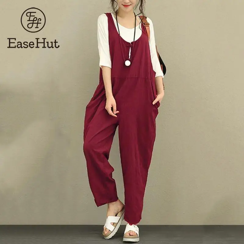 EaseHut Retro Cotton Linen Rompers Womens Jumpsuits 2018 Female Backless Overalls Playsuit Plus Size Pantalon Palazzo macacao 