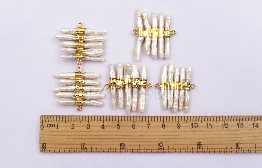 WT-JP039 Wholesale Tiny Stick Natural Freshwater Pearl Connector Charm Accessory With Gold Electroplated for Jewelry