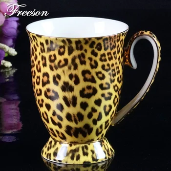 

Leopard Tiger Stripe Bone China Coffee Mug with Spoon 300ml Gold Inlay Tea Mug Retro Porcelain Tea Cup Cafe Coffee Cup Dropship