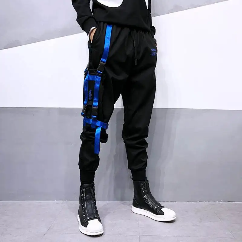 

Men personality blue ribbons patchwork hip hop joggers multi pockets cargo pants men's punk street style harem pants streetwear