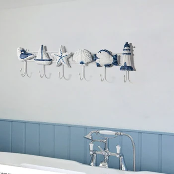 

6-HOOK NAUTICAL STARFISH SEASHELL COASTAL SINGLE HOOK BATH TOWEL HOOK RUSTIC BLUE 5-10kg