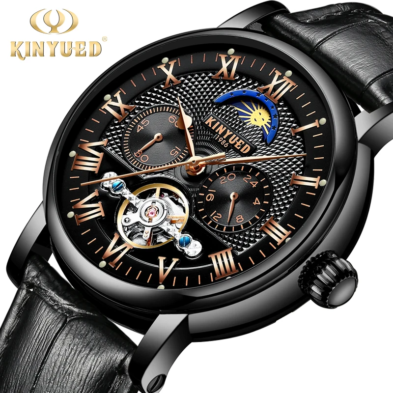 

KINYUED Moon Phase Mens Skeleton Watch Men Automatic Mechanical flying Tourbillon Watches Luxury Brand 24hours relogio masculino
