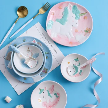 

Cartoon Children Dinnerware Unicorn Pasta Plate Rice Bowl Soup Tray Spoon Ceramic Dessert Dishes Hand-painted Tableware Full Set