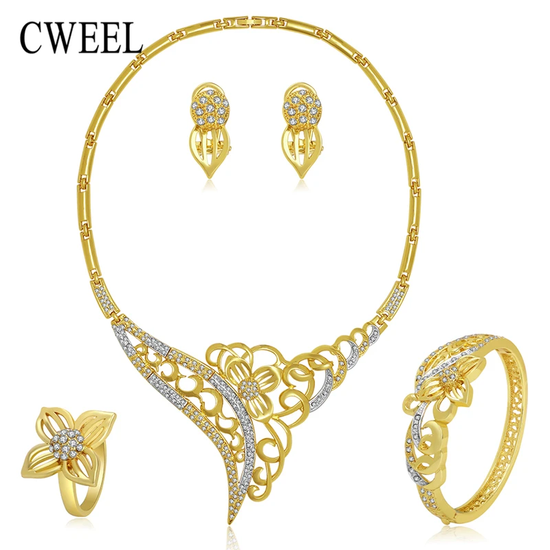 CWEEL Necklace Earrings Bracelet Ring Set Bridal Jewelry Sets For Women Wedding Gold Plated Imitated Crystal Gifts Accessories