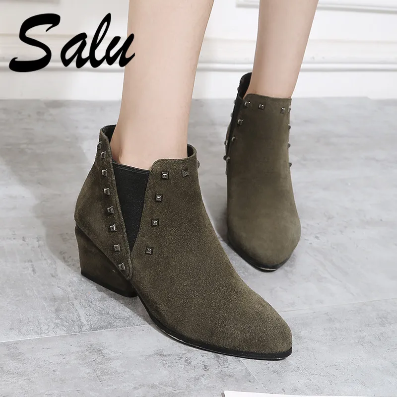 

Salu Fashion Women Ankle Boots Autumn Winter Warm Cow Suede High Heels Shoes Woman Buckle Elegant Office Lady Basic Boots
