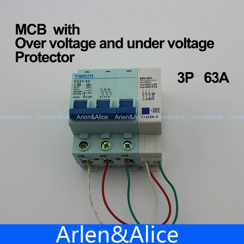 3P 63A 400V 50HZ/60HZ MCB with over voltage and under voltage