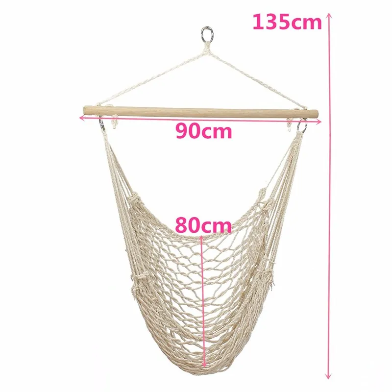 Hanging Rope Chair Beige Net Swing Seat Cotton Canvas Rope Hammock Cradle Chair With Wood Stretcherdoor Outdoor Garden Yard 4