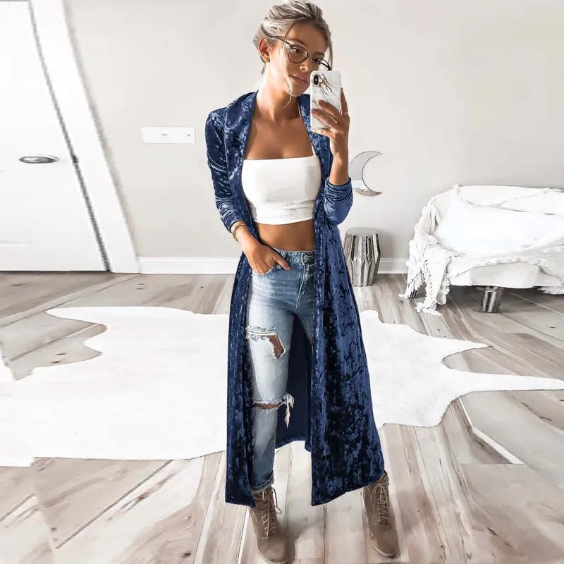 New  2020Autumn Women Open Front Long Sleeve Velvet Coat Spring Lapel Neck Slim Windbreaker Sexy Party M