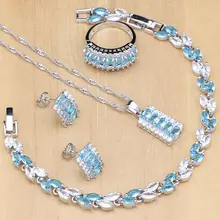 925 стерлингов Серебряные комплекты ювелирных изделий синий камень циркон белый кристалл для Для женщин вечерние серьги/кулон/кольца/браслет/Цепочки и ожерелья комплект