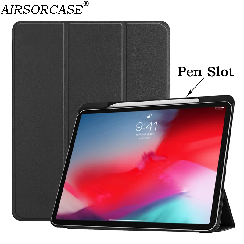 

With Pen Slot Solid PU Leather Case for Apple iPad Pro 11 2018 Tablet Case Smart Sleep Protective Shell Kickstand PC Back Cover