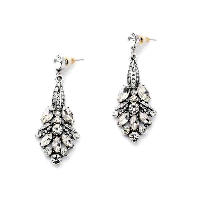 

Vintage Silver Art Deco Crystal Pave-Encrusted Cluster Leaf Dangle Drop Earrings