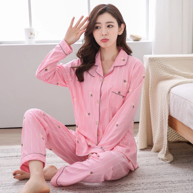 Plus Size Cotton Pajama Sets for Women Autumn Winter Long Sleeve Print Pyjama Ladies Loungewear Homewear Home Clothing