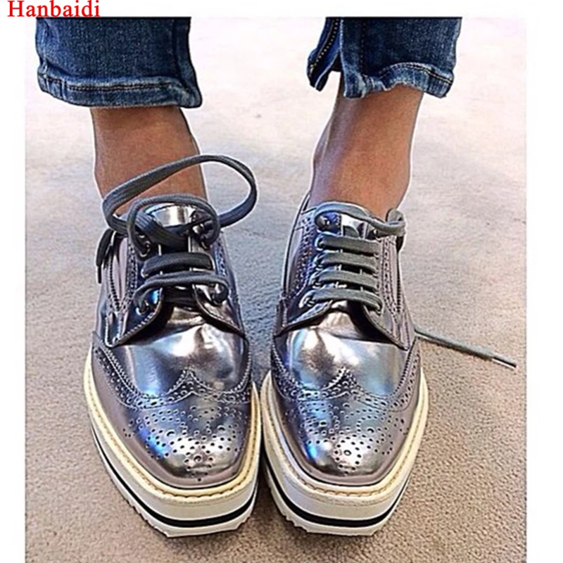 

Hanbaidi Platform Leather Brogues Oxford Women Shoes Lace Up Espadrille Platform Casual Shoes For Woman Silver Black Shoes 40