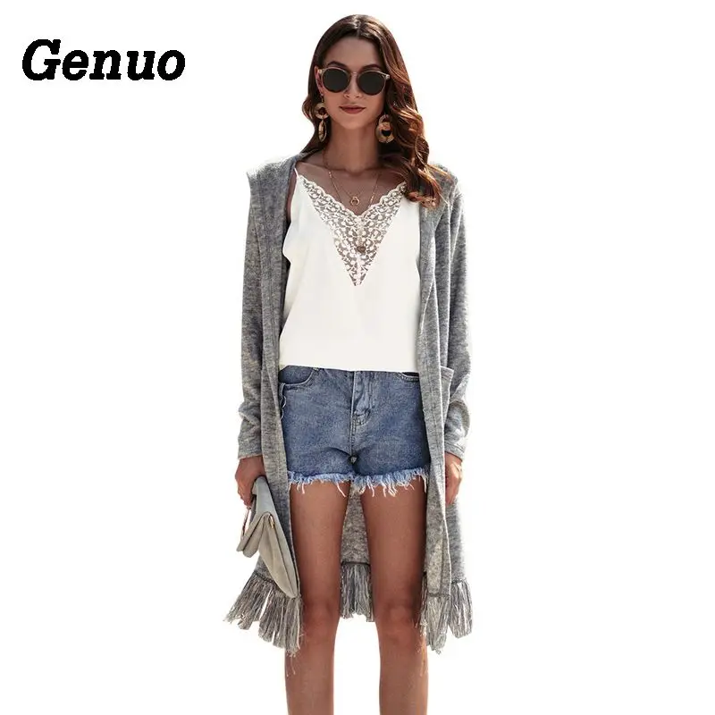 Genuo Women Knitted Cardigan Coat Autumn Winter Long Sleeve Loose Tassel Sweater Jacket Elegant Female Hooded Outwear Overcoat