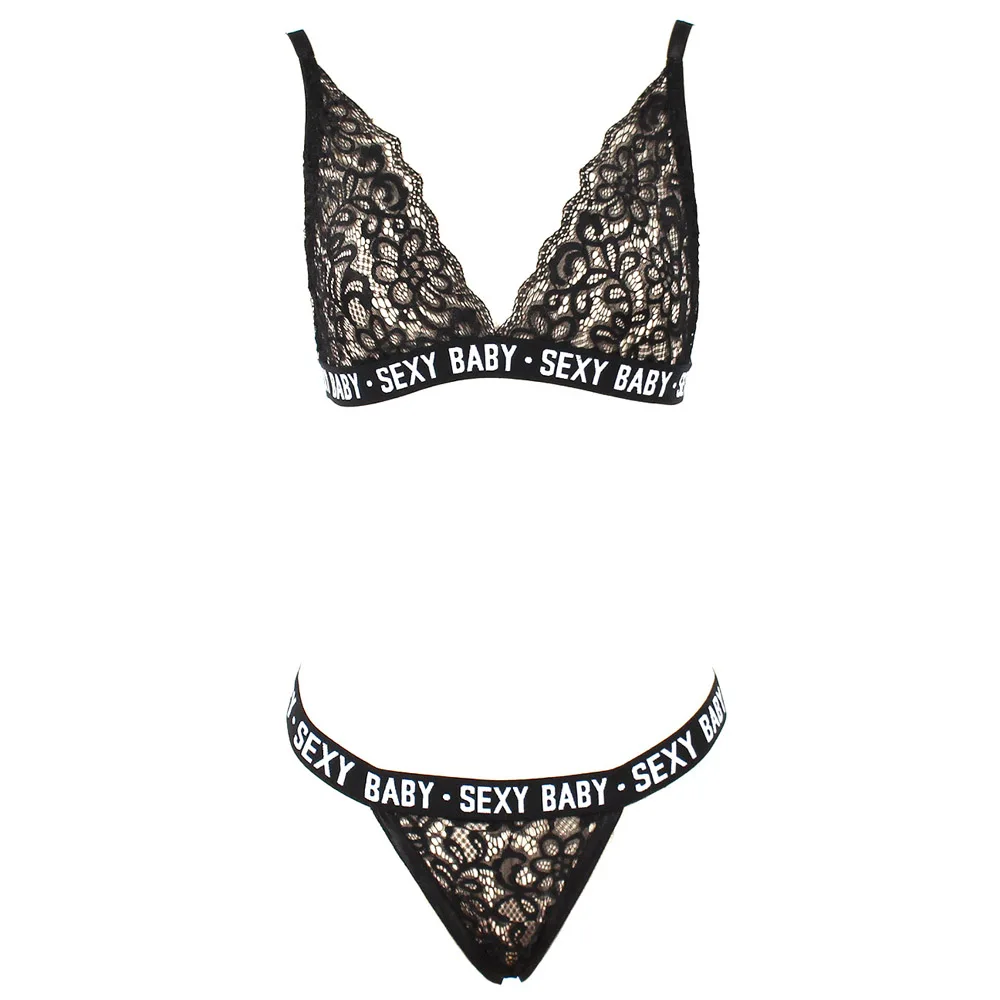 Женский сексуальный кружевной Bralette набор белья, бюстгальтер короткий, с буквенным принтом топы и стринги трусики нижнее белье бикини бюстгальтер brasier mujer - Цвет: Черный