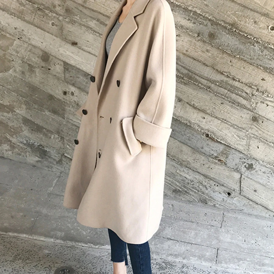 Mulena Loose Double Faced Woolen Coat Women Solid Double Breasted Pocket Long Ladies Coats Straight Outerwear Female Fall Spring