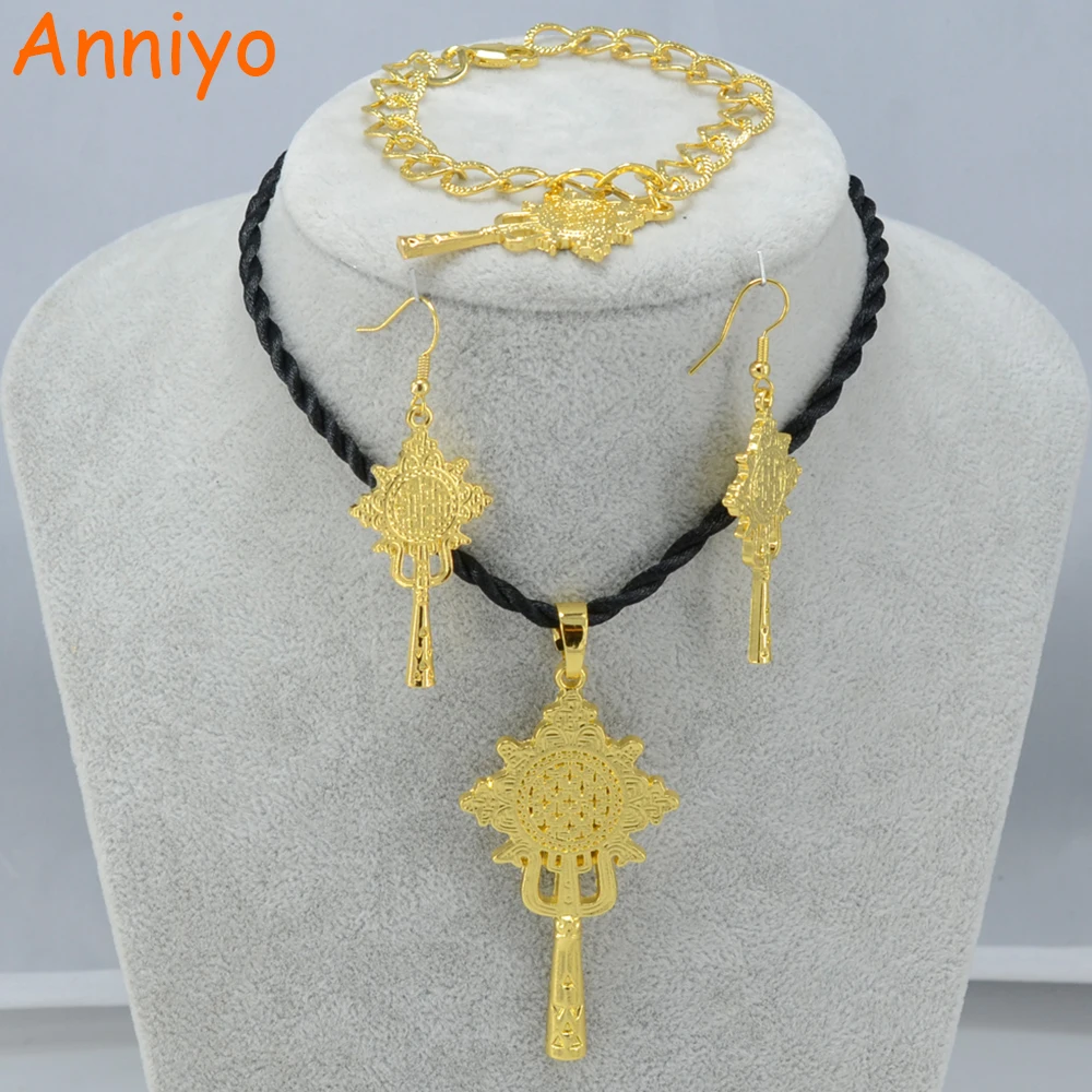 

Anniyo Gold Color Ethiopian Cross Jewelry set Pendant Rope Earring Bracelet Eritrean Africa Bridal Wedding set Gifts #001506