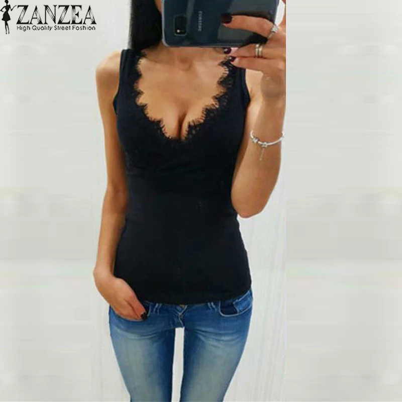 ZANZEA Fashion Sexy Blouse Women 2018 Summer Lace UP V Neck Plunge Tank Tops Slim Shirt Blouses Plus Size 5XL Party Club Blusas Blouses