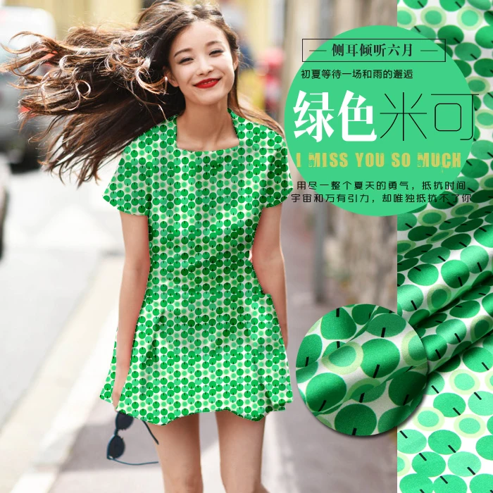 

2019 Summer Green Dots Print Silk Fabric Elastic Material By The Meter Width 46 Inch