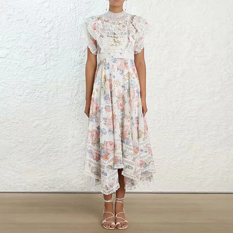 

Women High Neckline Flutter Sleeves Floral Lace Cream Floral Print Cascade Dress