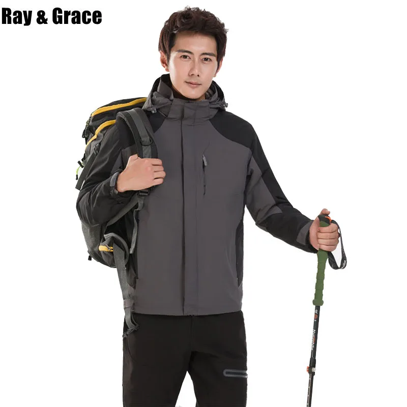 

RAY GRACE Outdoor Winter Waterproof Jacket Men 3 in 1 Windbreaker Thermal Fleece Hiking Jacket Camping Trekking Men's Coat