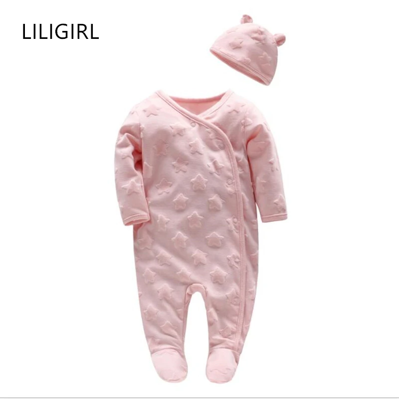 

LILIGIRL Newborn Girsl Pink Cartoon Star Romper+Hat Overalls Suit for Baby Children's Autumn Warm Cotton Jumpsuit Clothes