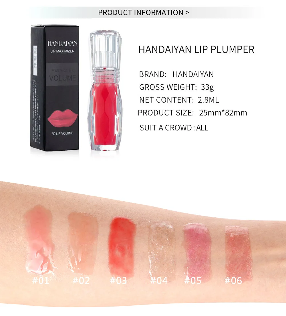 HANDAIYAN Moisturizer Plumper Lip Gloss Long Lasting Sexy Big Lips Pump Transparent Waterproof Volume Vivid Colorful Lipgloss