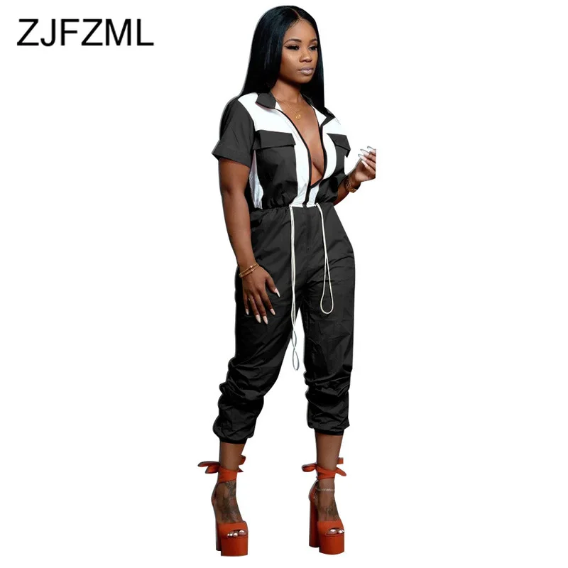

Color Block Patchwork Casual Bodysuits Women High Waist Short Sleeve Party Jumpsuit Streetwear Zipper Up Turn Down Collar Romper