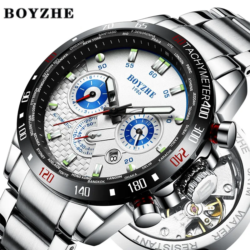 

BOYZHE Men Automatic Mechanical Watch Waterproof Luminous Luxury Brand Stainless Steel Sports Military Watches Relogio Masculino