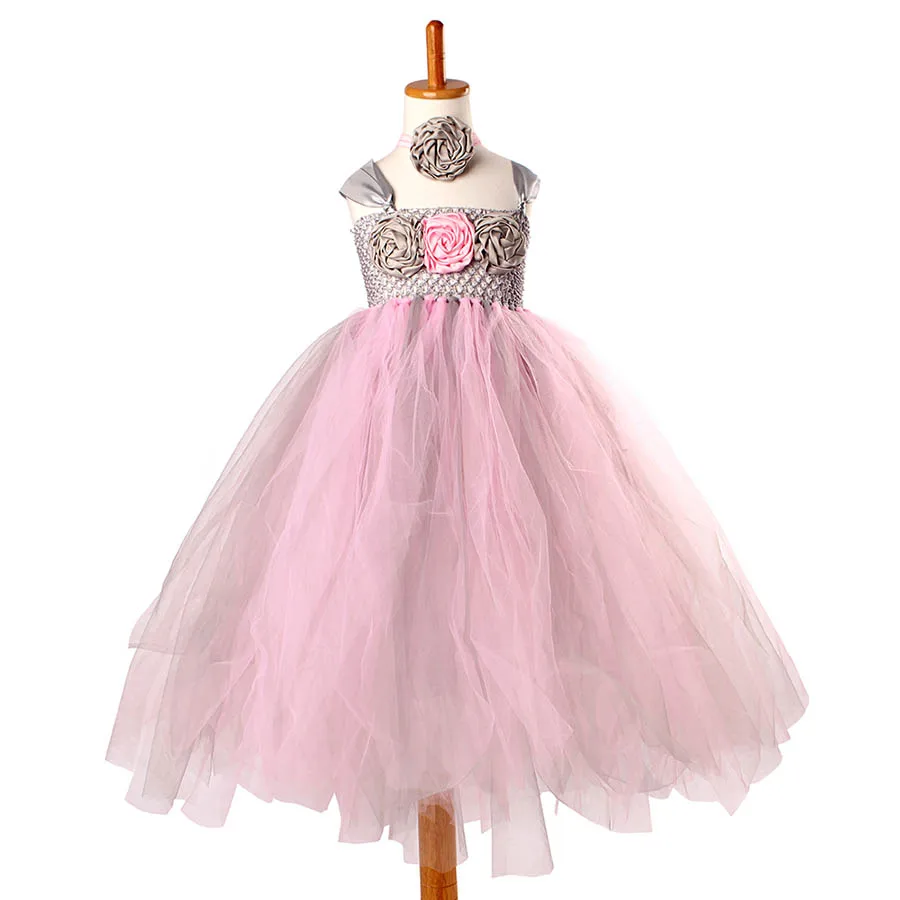 Princess Pink and Grey Flowers Tutu Dress with headband Girls Formal Wedding (1)