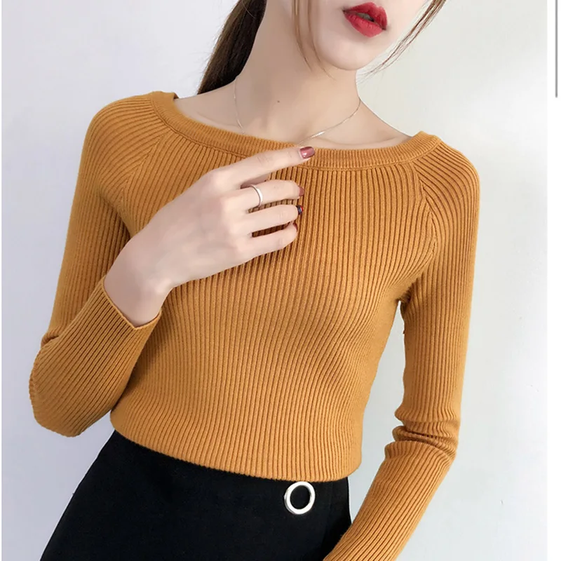 Slash Neck Sweater Women Elastic Sexy Slim Fit Pullover 2018 Autumn Winter New Female Knitted Bottoming Solid Long Sleeve Tops
