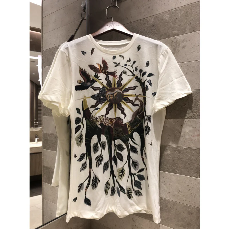 

2019 high quality new tree of Life T-shirt women's short-sleeved T-shirt floral summer casual cotton+linen top