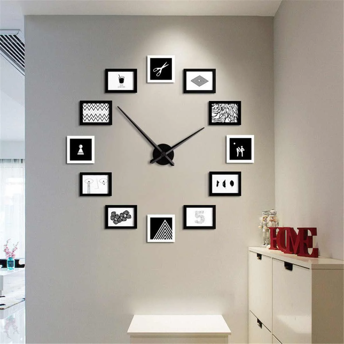 

2019 12 Photo Frames Nordic Style DIY Wall Clock Modern Design Wood Photo Frame Clock Art Pictures Clock Unique Klok Home Decor