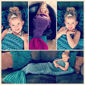 

New Hot Children Kid girl Knitted Tail Blanket Handmade Crochet Blanket Throw Bed Sofa Wrap Sleeping Bag