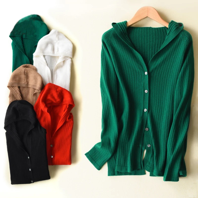 

New Arrival Spring Autumn Women Long Sleeve Slit Wool Knitted Hooded Cardigans Sweater Jacket Coat S-2XL