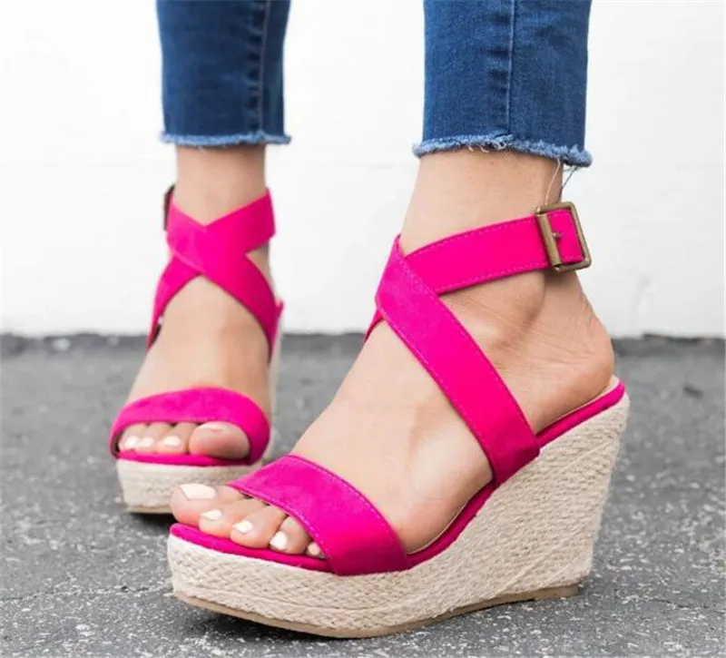 Leopard Wedge Sandals Summer Peep Toe Flock Buckle Strap Women Platform Espadrilles Sandal Plus Size 43 High Heels Shoes Female  (6)