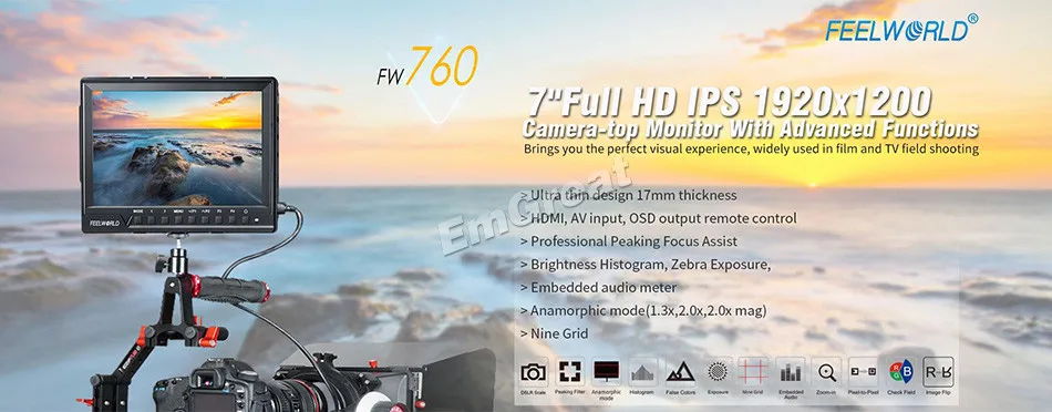 Feelworld поддерживает 4 K FW760 7 дюймов ips Full HD 1920x1200 на поле камеры монитор, пиковый фокус Assist Histogram Zebra Exposure