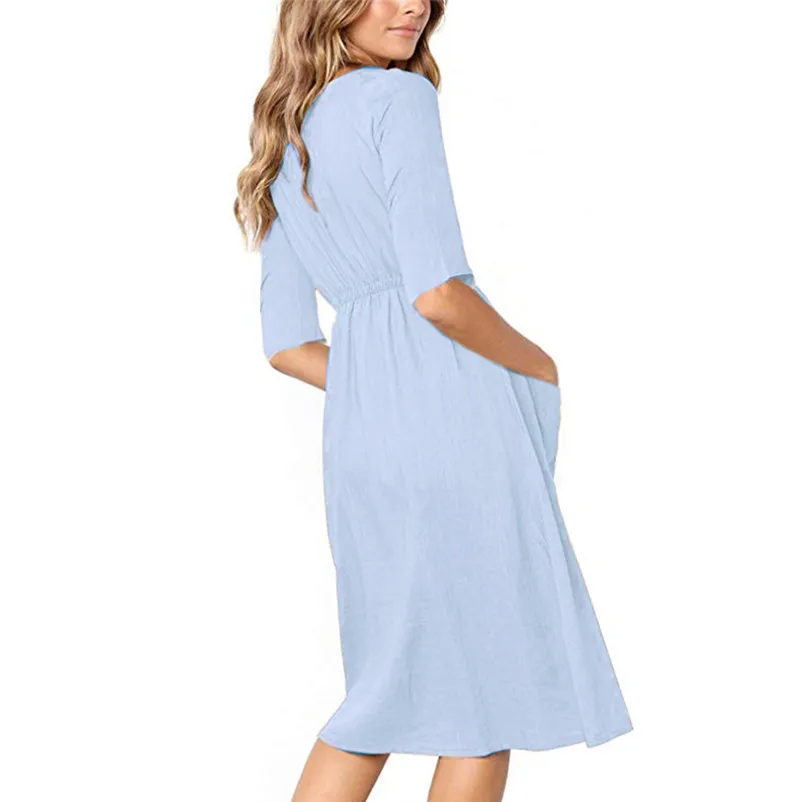 Fashion Autumn summer dress 2018 casual dress Women Holiday V Neck Solid Half Sleeve Buttons Club Party Dress vestido Y26#N (4)