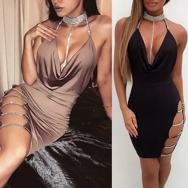 Sexy Women's Bandage Chooker Bodycon V neck Sleeveless Hollow out Evening Party Club Short Mini Sheath Dress shirt dress