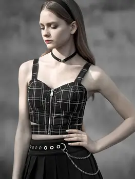 

Punk Rave Women's Goth Strappy Plaid Black-Grey Crop Top PT380BX