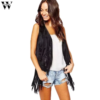 

Women Suede Ethnic Sleeveless Blends Overcoats Spring Autumn Long Sleeve Casual Tassels Fringed Vest Outwear Cardigan Coat