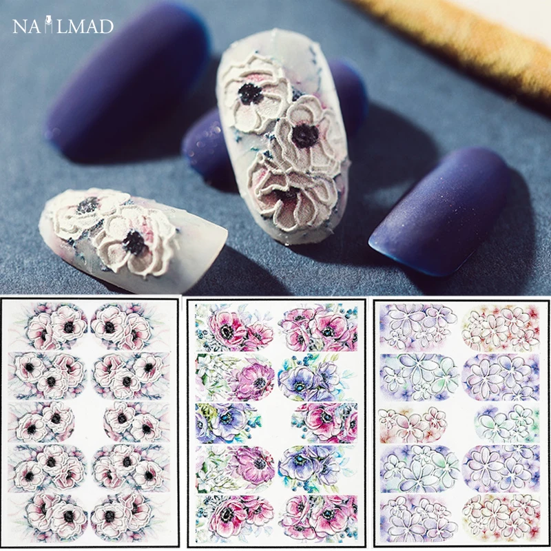  1pc 3D Acrylic Engraved Flower Nail Sticker Embossed Flower Nail Water Decals Empaistic Nail Water 