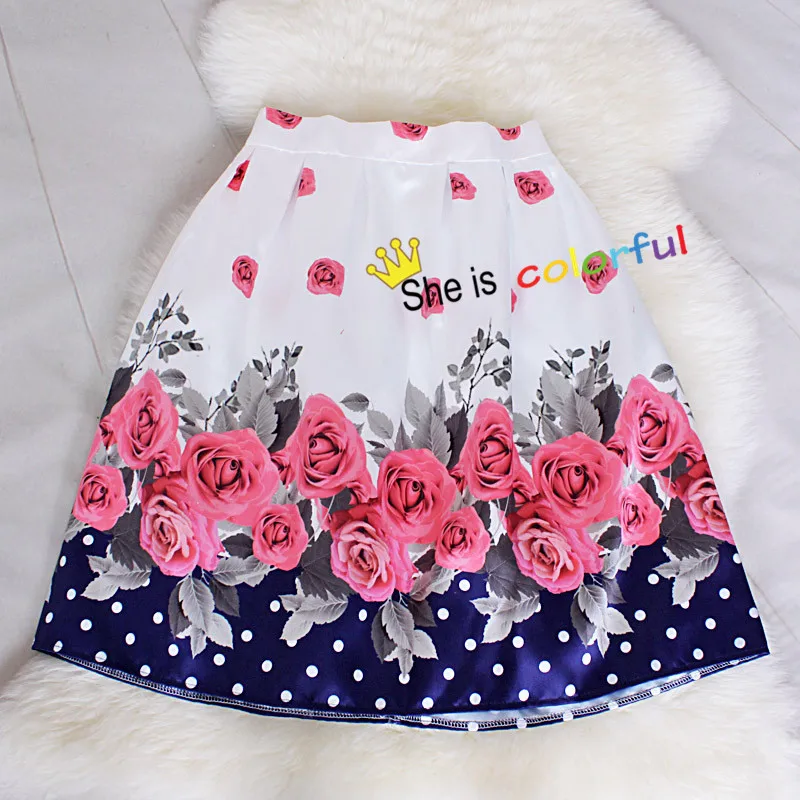 Мода, Весенняя сатиновая юбка для женщин, винтажное повседневное бальное платье в горошек с рисунком розы, плиссированная миди-юбка с высокой талией SK042