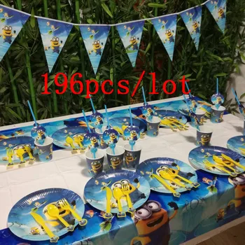 

196Pcs/Lot Minions Theme Cartoon Kid Birthday Party Paper Cup Plate Disposable Tableware Christmas Flag Hat Decoration Supplies