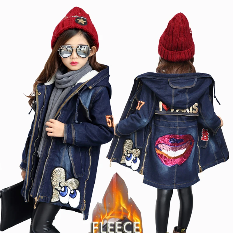 Зимние пальто для девочек; Верхняя одежда для детей; джинсовая куртка из флиса; куртки для девочек-подростков; теплая одежда из плотного бархата с блестками для детей