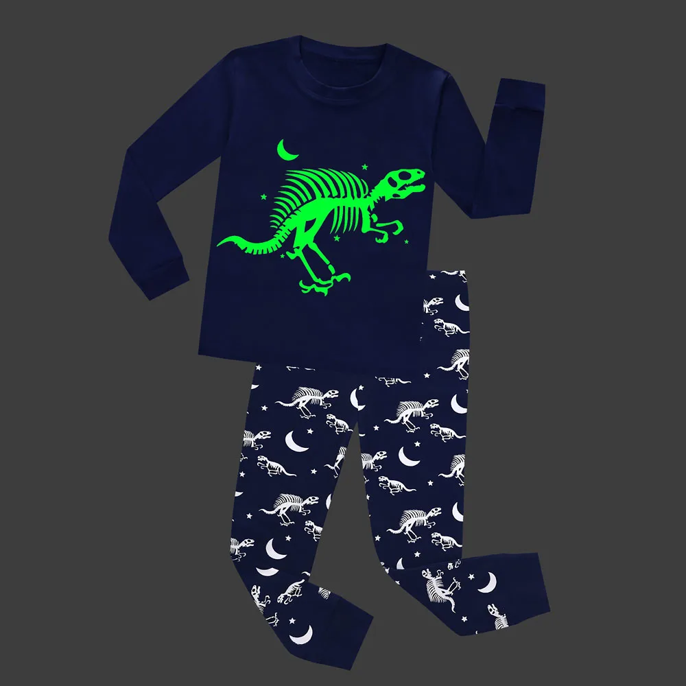 Детская Пижама из 2 предметов с длинными рукавами, светящаяся в темноте Детская Пижама для мальчиков, детские пижамы для мальчиков детские пижамы с динозаврами