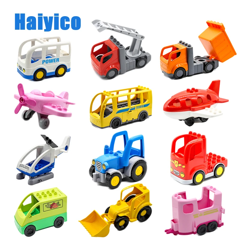 Goedkoop Mini Auto Vliegtuig Grote Bouwstenen Bus Vervoer Vrachtwagen Trailer Helicopter Compatibel Duplo Stad Voertuig Sets Speelgoed kind Gift